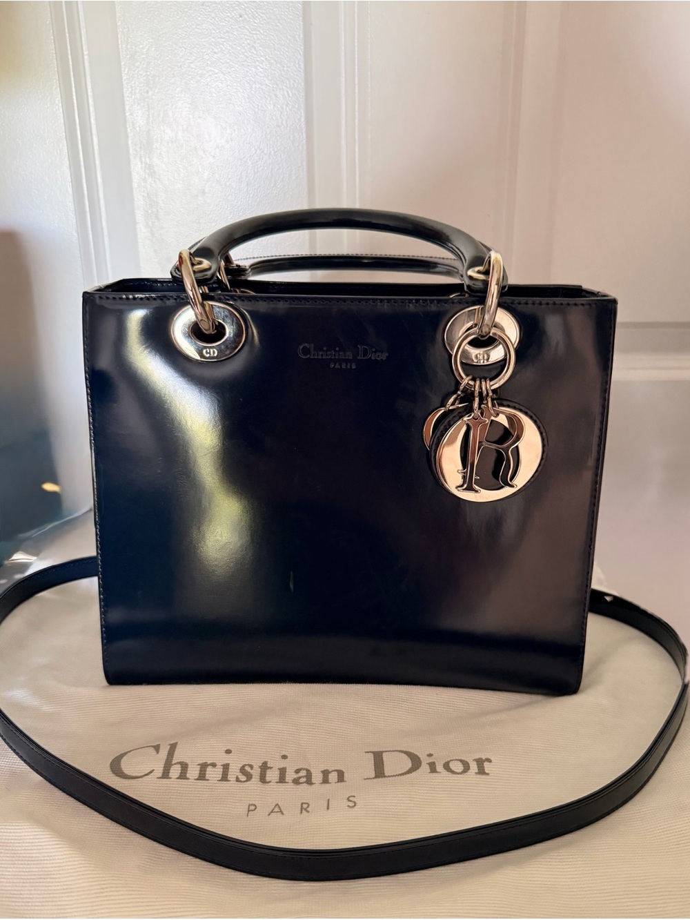Dior navy blue Patent Lady Dior Tote with Charms